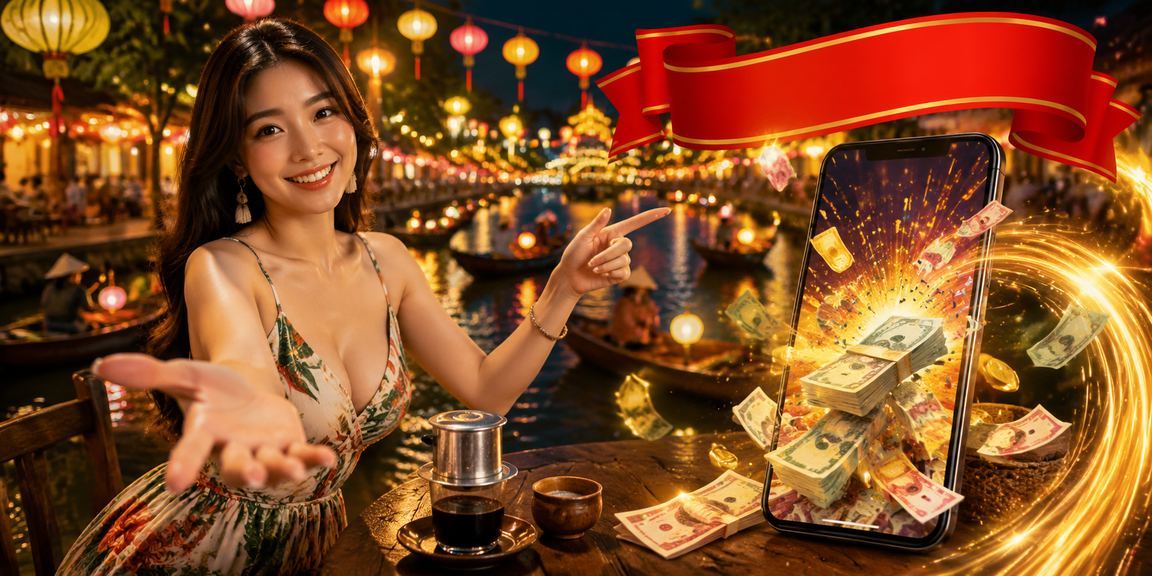 Quán cà phê Hội An buổi sáng, người dùng kiểm tra kết quả xổ số và ưu đãi cashback trên điện thoại
